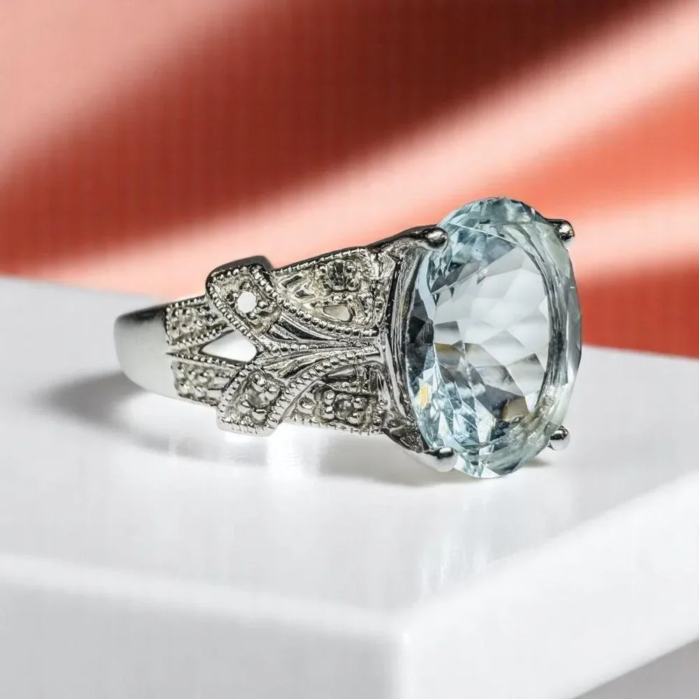 10K White Gold -Art Deco -Aquamarine & Diamond Ring -Sz 7- Filigree Ring- 2.8g